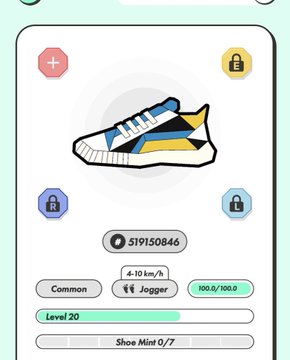 A sneaker NFT profile from STEPN displays a Common-tier Jogger shoe at Level 20 with a value of 5,191,50846, suited for 4-10 km/h jogging at 100.0/100.0 condition, though three of its four upgrade slots remain locked—fitting the post's nostalgic reflection on stepping away from the STEPN move-to-earn game.