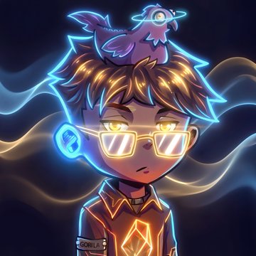 A digital illustration of a young character with glowing yellow glasses, a bird perched on their head, and an ethereal blue aura.