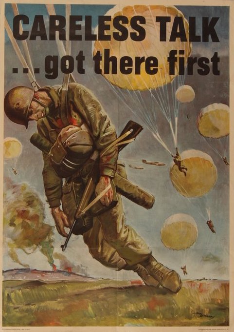 A vintage WWII propaganda poster reading 'CARELESS TALK ...got there first' depicting a wounded paratrooper descending with his parachute and weapon.