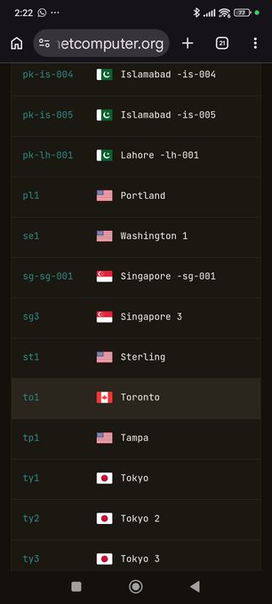 A mobile browser screenshot showing a list of server locations on hetznercomputer.org, including options like Islamabad, Lahore, Portland, Washington, Singapore, Sterling, Toronto, Tampa, and Tokyo with corresponding country flags.