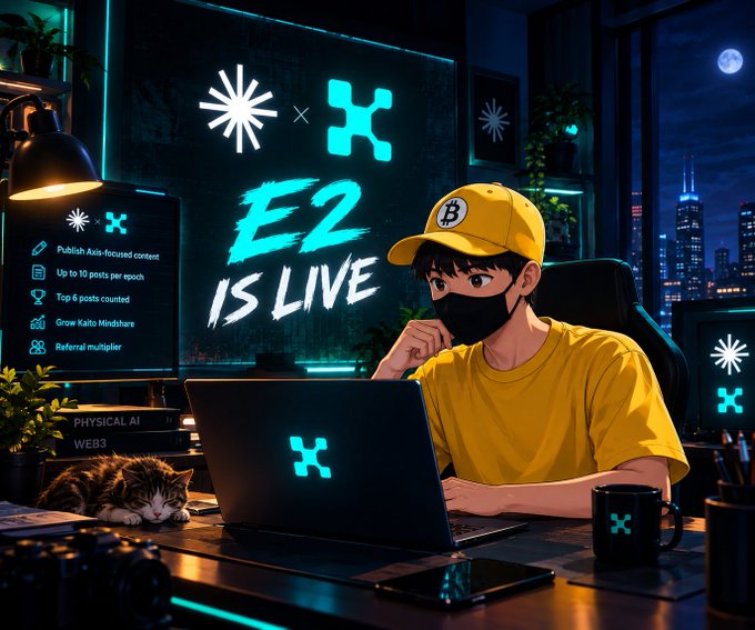 An anime-style illustration shows a masked person in a yellow cap at a laptop, with 'E2 IS LIVE' displayed prominently and various feature points listed.