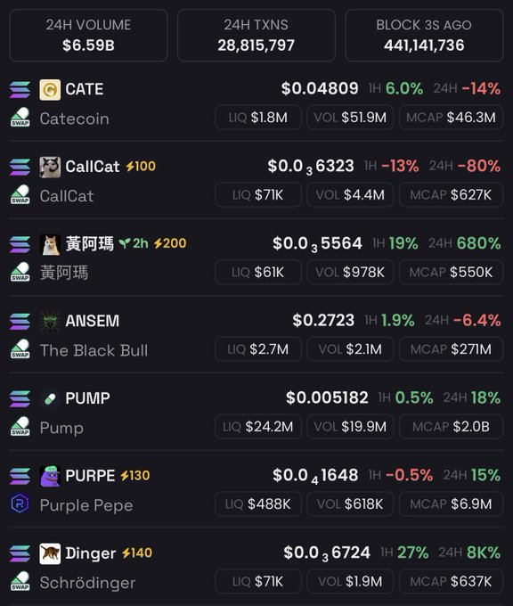 The image displays a cryptocurrency tracking dashboard showing memecoin metrics including 24H Volume ($6.59B), 24H TXNS (28,815,797), and Block 3s Ago (441,141,736), along with detailed price data for tickers like CATE ($0.04809), CallCat ($0.06323), PURPE ($0.01648), and PUMP ($0.005182). This screen supports the post's question about which memecoin tickers are ready to "send" (pump), as it provides the trader with real-time liquidity, volume, and market cap data needed to evaluate potential buys.