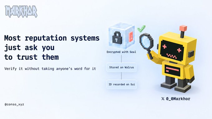 A promotional graphic for Markhor stating 'Most reputation systems just ask you to trust them' and 'Verify it without taking anyone's word for it', showing features 'Encrypted with Seal', 'Stored on Walrus', and 'ID recorded on Sui' alongside a yellow robot mascot.