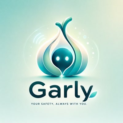 A logo design for 'Garly' featuring a stylized teal droplet or onion-shaped mascot with a friendly face, accompanied by the tagline 'YOUR SAFETY, ALWAYS WITH YOU.'
