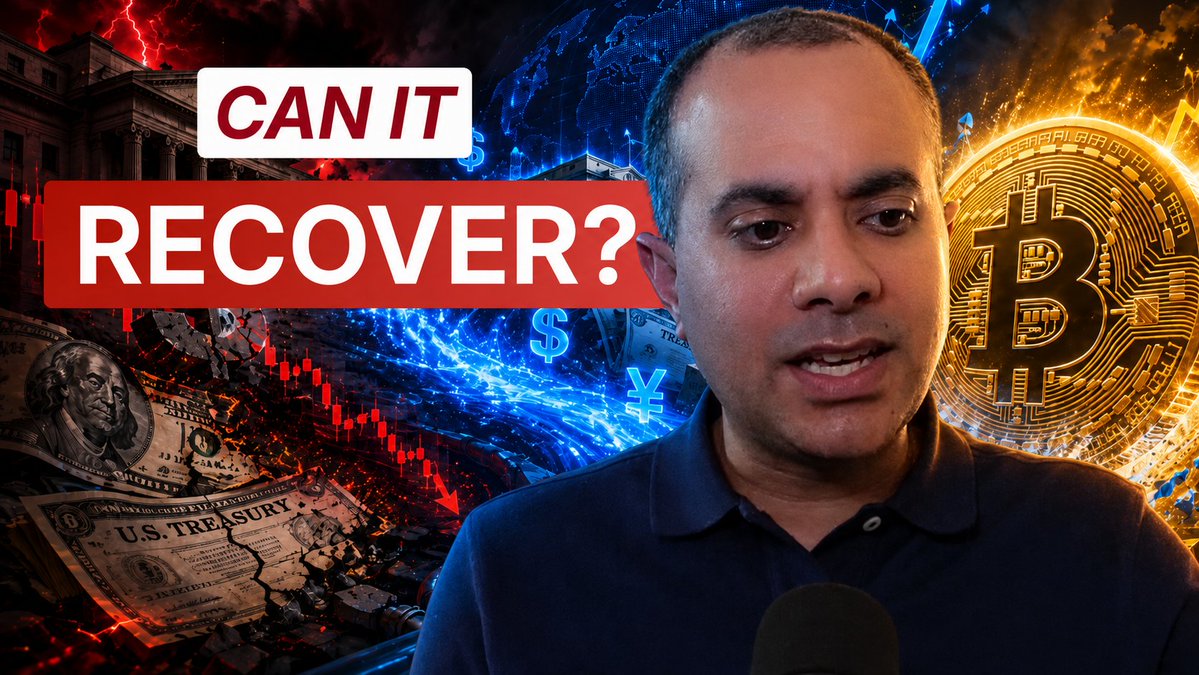 A man speaks into a microphone against a dramatic backdrop featuring a golden Bitcoin, falling stock charts, currency symbols, and torn U.S. Treasury bills, with bold text reading "CAN IT RECOVER?" The imagery visually reinforces the video's discussion of Bitcoin's sudden surge, market volatility, and the complex interplay between crypto, currencies, and Treasuries.
