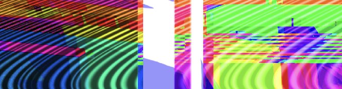 Abstract colorful graphic with vibrant rainbow waves and pixelated geometric patterns.