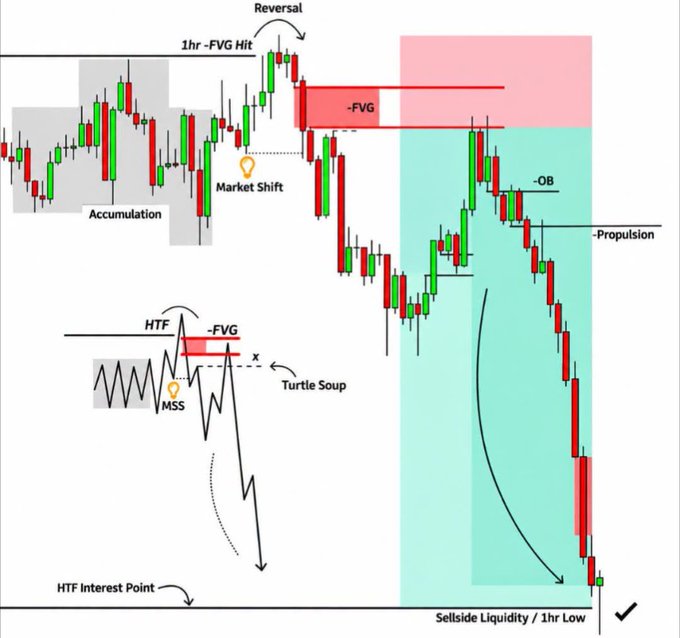 A trading educational diagram showing candlestick patterns labeled with terms like 'Accumulation', 'Market Shift', 'Reversal', 'HTF', 'Turtle Soup', 'Propulsion', 'Sellside Liquidity / 1hr Low', and 'HTF Interest Point'.