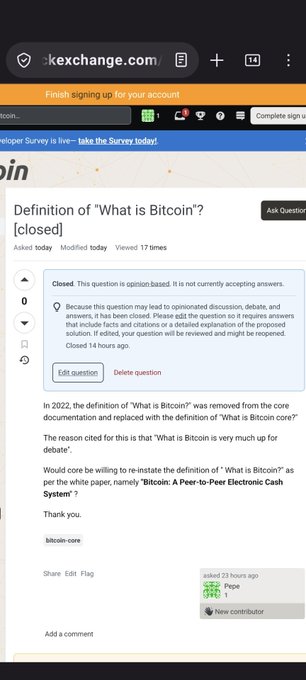 A mobile screenshot from kexchange.com showing a discussion titled 'Definition of "What is Bitcoin"?' marked as closed.