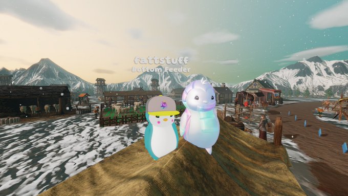 A 3D virtual world scene featuring two avatar characters (a penguin and a Yeti) standing on a rock in a snowy mountain village, labeled 'fartstuff' and 'Letitom Feeder'.