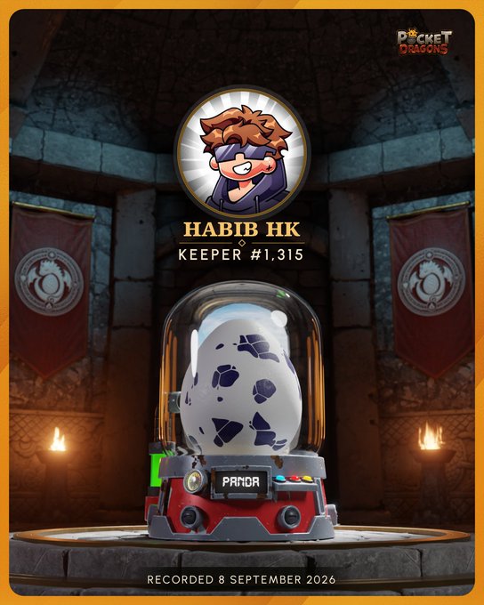 A 'Pocket Dragons' digital card shows 'HABIB HK' as 'KEEPER #1,315' with a cracked egg labeled 'PANDA' and a recording date of '8 SEPTEMBER 2026'.
