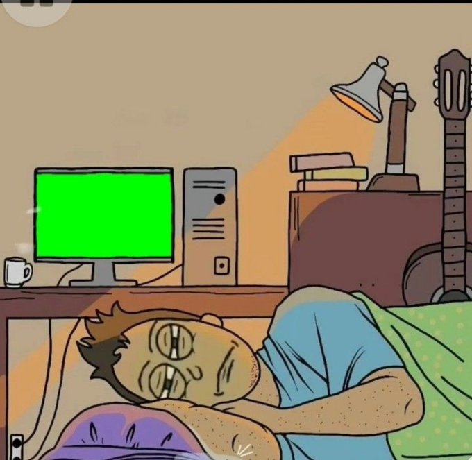 A cartoon person sleeps in bed while wearing glasses, with a green-screen computer, lamp, and guitar visible in the background. It illustrates the accompanying “Goodnight people” message.