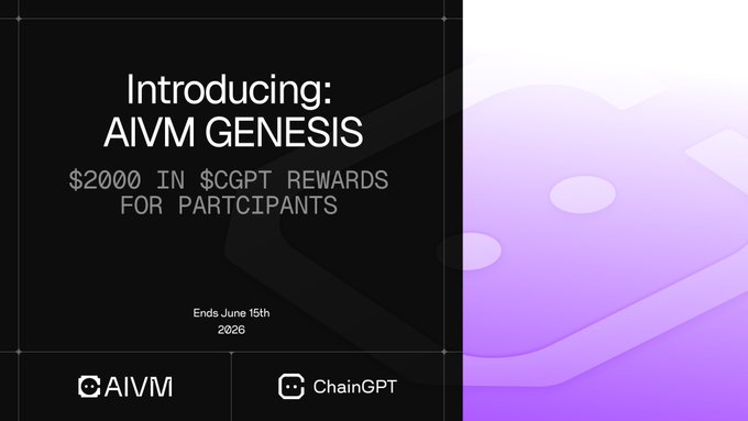 A promotional banner announces "AIVM GENESIS" with "$2000 IN $CGPT REWARDS FOR PARTICIPANTS," ending June 15th, 2026, featuring AIVM and ChainGPT branding. The image highlights the campaign whose rewards the post confirms have now been distributed to winners, serving as a visual recap of the completed giveaway.