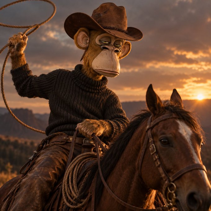 A cinematic image of a monkey character dressed as a cowboy with a hat and sweater, holding a lasso while riding a horse at sunset.