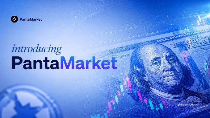 A promotional banner introduces "PantaMarket" with the tagline "introducing," set against a blue-toned background featuring Benjamin Franklin's face from the $100 bill overlaid with colorful financial candlestick charts. The image visually reinforces the post's message about an open prediction market platform where users can freely create and trade on real-world events.