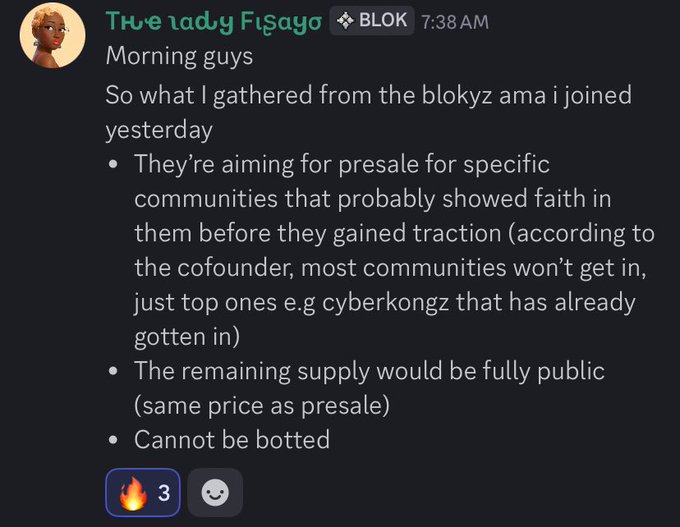 This Discord message from "The Lady Fisayo" provides details about a Blokyz AMA, including information about their presale strategy and remaining supply. The post likely relates to discussions about the Blokyz project and its upcoming launch or sale.