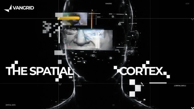 A futuristic, glitch-art style graphic titled 'THE SPATIAL CORTEX' featuring a dark, partially obscured face overlaid with data points and HUD elements under the 'VANGRID' logo.