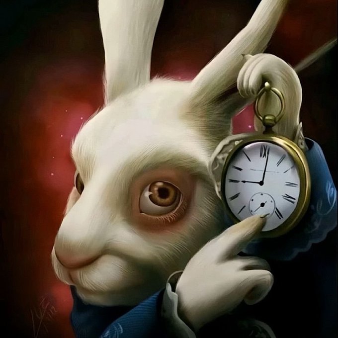 The image features a white rabbit with big eyes and long ears standing next to an old-fashioned pocket watch. The rabbit appears to be holding the watch up to its ear, as if it's trying to tell time or listening to some sort of sound coming from the watch. The background is dark red, which contrasts with the white rabbit and adds a dramatic effect to the scene. Below the image, there is a post that reads "BTC still below 65k, only 9h left until futs open". This suggests that the image might be related to Bitcoin or cryptocurrency trading, possibly as part of an advertisement or promotional material for such digital assets.