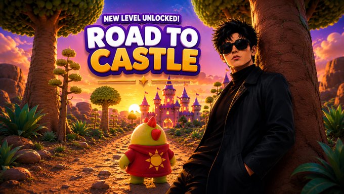 A video game-style promotional image titled 'NEW LEVEL UNLOCKED! ROAD TO CASTLE' featuring a man in sunglasses and black coat next to a small chicken character in a fantasy landscape.
