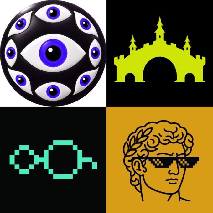 A four-panel collage featuring graphic designs: a sphere with multiple eyes (top left), a green castle silhouette (top right), pixelated teal sunglasses (bottom left), and a classical bust wearing pixelated 'thug life' sunglasses on an orange background (bottom right).
