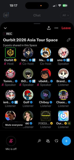 A mobile screenshot of a Twitter Space titled 'Ourbit 2026 Asia Tour Space' with 3 shared posts, showing participants including Ourbit (Host), various co-hosts, speakers, and listeners.