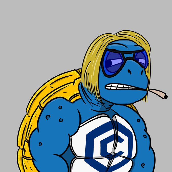 Cartoon illustration of a muscular blue turtle with blonde hair, wearing sunglasses and a white tank top with a geometric logo, smoking a cigarette.