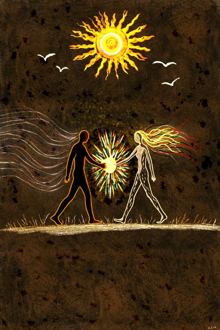 The image depicts two silhouetted figures—one glowing orange and one outlined in white—walking toward each other with their hands meeting at a radiant burst of colorful light, beneath a luminous sun and soaring birds, symbolizing a transcendent moment of connection. The artwork, titled "For a Moment" (a 1/1 piece by Beyond Roots available on Transient Labs), visually embodies the fleeting yet powerful nature of human connection and creative intention.