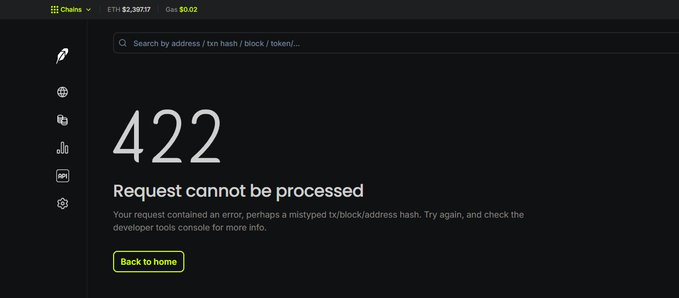 A dark-themed blockchain explorer webpage displays a '422 Request cannot be processed' error message about a mistyped tx/block/address hash, with 'ETH $2,307.17' and 'Gas $0.02' visible in the header.