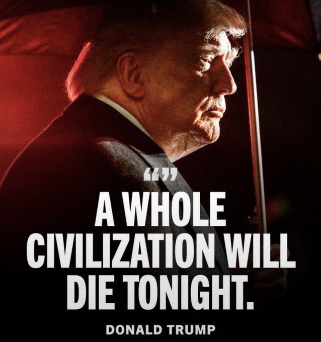 The image shows Donald Trump in profile under dramatic red lighting, holding what appears to be an umbrella, with a quote attributed to him reading "A WHOLE CIVILIZATION WILL DIE TONIGHT." The post suggests a hyperbolic take on potential financial ruin if Bitcoin doesn't rally by September, framing a market downturn as apocalyptic.