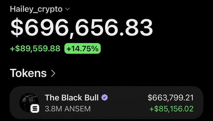 A crypto wallet screenshot shows the account "Hailey_crypto" with a portfolio value of $696,656.83 (+$89,559.88 / +14.75%), featuring "The Black Bull" token holding 3.8M ANSEM valued at $663,799.21 (+$85,156.02). The gains displayed align with the post's claim about profiting from a resurrected airdrop opportunity on Pumpfun, with the wallet's substantial returns suggesting successful early entry into the token.