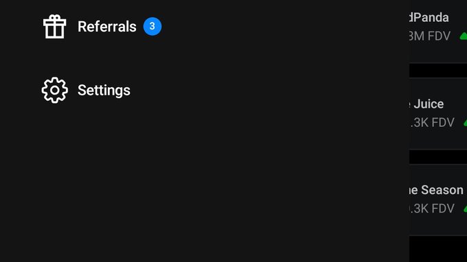 Screenshot of a dark-themed application menu showing 'Referrals' with a notification badge of 3 and 'Settings', alongside partially visible user entries like 'Panda' and 'Juice' with FDV metrics.