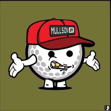 A cartoon mascot character of a golf ball wearing a red 'MULLSON' cap, holding a cigarette, displayed against an olive green background.