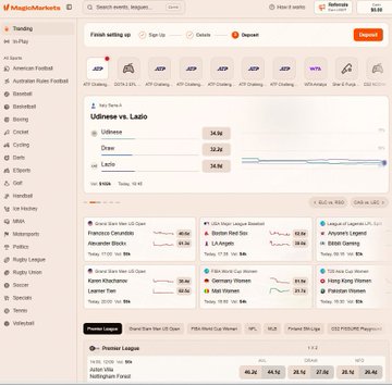 A screenshot of the MegaMarkets betting website showing odds for a tennis match between Udeze and Laslo, along with upcoming Premier League fixtures.