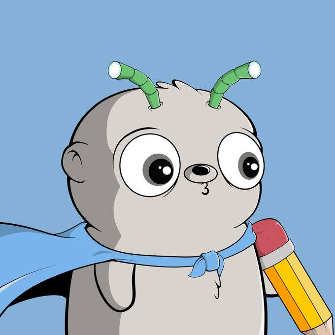 A cute gray cartoon caterpillar-like creature with green antennae, big expressive eyes, a blue cape, and a yellow pencil at its side represents the Fugz NFT #4071 that was sold for 0.080 ETH on OpenSea. The illustration captures the whimsical character trait of the collectible, which buyers can customize through Fugz.Studio.