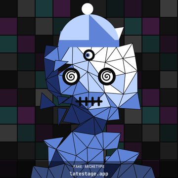 A geometric blue monkey figure with hypnotic spiral eyes and stitched mouth, identified as "FAME ARCHETYPE" from the "latestage.app" platform, displayed against a dark checkered background.
