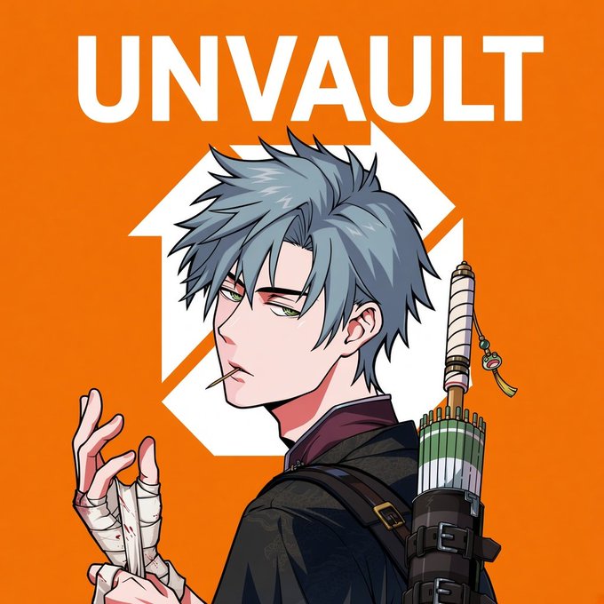 An anime-style character with blue-gray hair, bandaged hands, and a katana on his back stands against an orange background featuring the white "UNVAULT" text and logo, promoting a giveaway collaboration for Phase 2 whitelist spots.