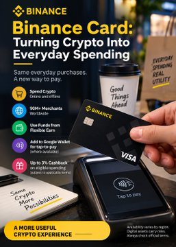 A Binance promotional graphic for the 'Binance Card' that turns crypto into everyday spending, highlighting benefits like spending crypto online/offline, 900+ merchants worldwide, and Cashback offers.