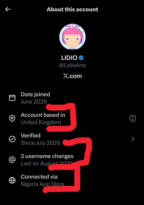 A screenshot of the "About this account" page for the X (formerly Twitter) user @LidioArts, showing they are UK-based, verified since July 2026, connected via Nigeria App Store, and have changed usernames twice — likely shared to highlight regional inconsistencies before a potential NFT mint.