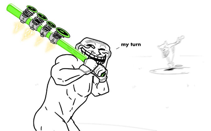 The meme shows a muscular Trollface character preparing to swing a green object labeled "TROLL TECH" with suction cups. This relates to the post by humorously depicting the overwhelming power of $TROLL, suggesting it's about to "troll" the market.