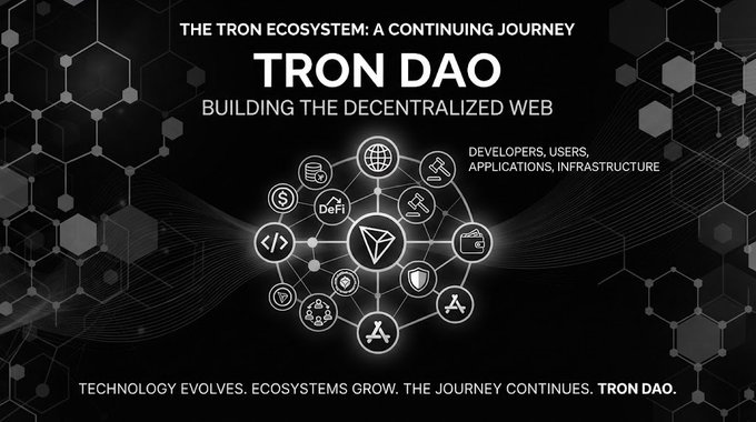 A promotional graphic for TRON DAO titled 'THE TRON ECOSYSTEM: A CONTINUING JOURNEY' with the tagline 'BUILDING THE DECENTRALIZED WEB', featuring icons representing DeFi, developers, users, applications, and infrastructure.