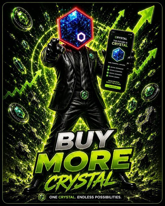 A promotional advertisement featuring a figure in a black leather suit with a glowing hexagonal head, surrounded by green crystals and upward arrows, promoting 'CRYSTAL' as 'THE FUTURE IS CRYSTAL' with the slogan 'BUY MORE CRYSTAL' and 'ONE CRYSTAL. ENDLESS POSSIBILITIES.'