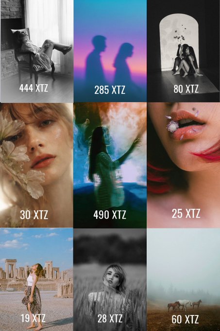 A 3x3 grid of artistic photographs is displayed with XTZ (Tezos) cryptocurrency prices, including portraits, silhouettes, and lifestyle shots ranging from 19 XTZ to 490 XTZ.
