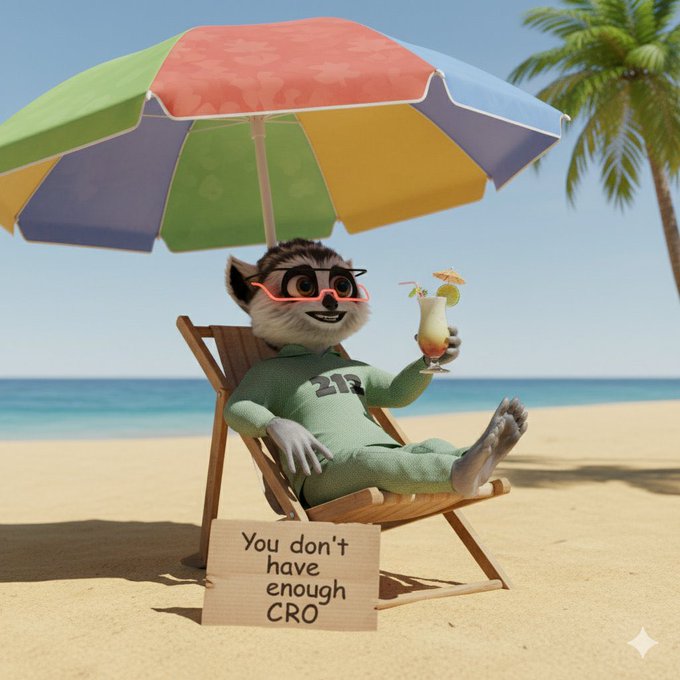 An animated lemur wearing sunglasses and a green sweatshirt relaxes in a beach chair under a colorful umbrella, holding a drink while a sign reads, "You don't have enough CRO."