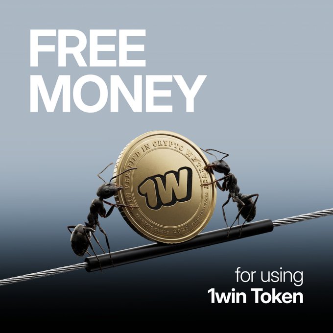 An advertisement reads 'FREE MONEY for using 1win Token,' featuring two ants carrying a gold '1W' coin along a wire rope.