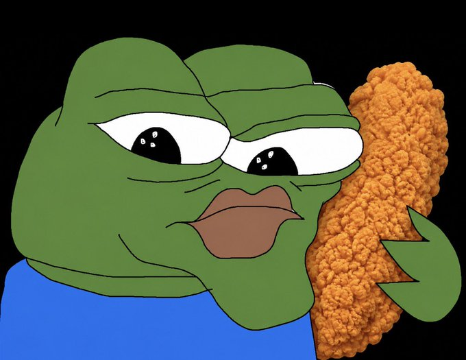 A sad-looking Pepe the Frog meme character holding a fried chicken drumstick against a black background.