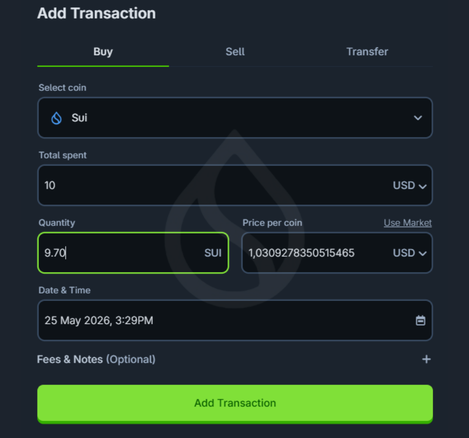 The image shows a screen with a green button that says "Add Transaction" at the top of the frame, and a green note below it that reads "9.7 SUI". The screen also displays a list of options for adding transactions, including the option to add a transaction using Sui currency.