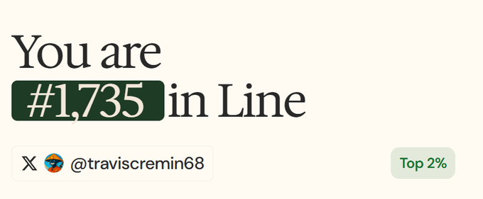 The image displays "You are #1,735 in Line" alongside the X handle @traviscremin68 and a "Top 2%" badge, illustrating the user's frustration at being ranked 1,735th despite extensive experience with DEX perps, highlighting the high barrier to entry for the Arcus XYZ waitlist.