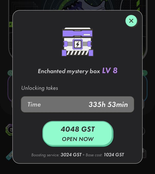 A mobile game interface popup for an 'Enchanted mystery box LV 8' showing an unlock time of '335h 53min' and an 'OPEN NOW' button priced at '4048 GST'.