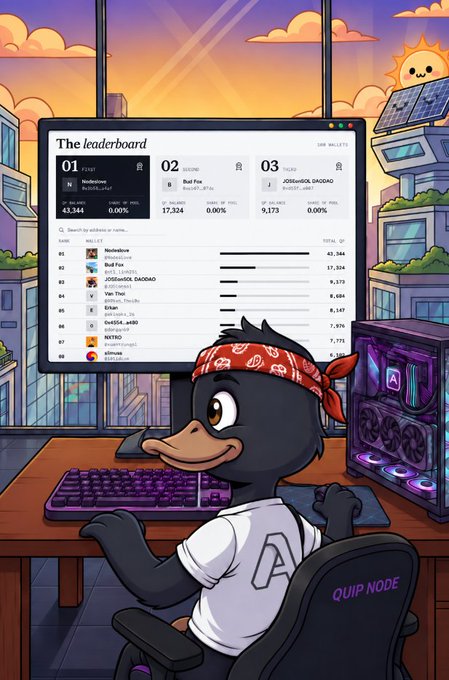 A cartoon duck wearing a red bandana and white t-shirt sitting at a gaming PC, viewing a leaderboard screen that ranks users by 'BAG WALLET' including names like 'NodeNinjaaa', 'Bull Fox', and 'J0San05K_DAODAO' with AVAX balances.