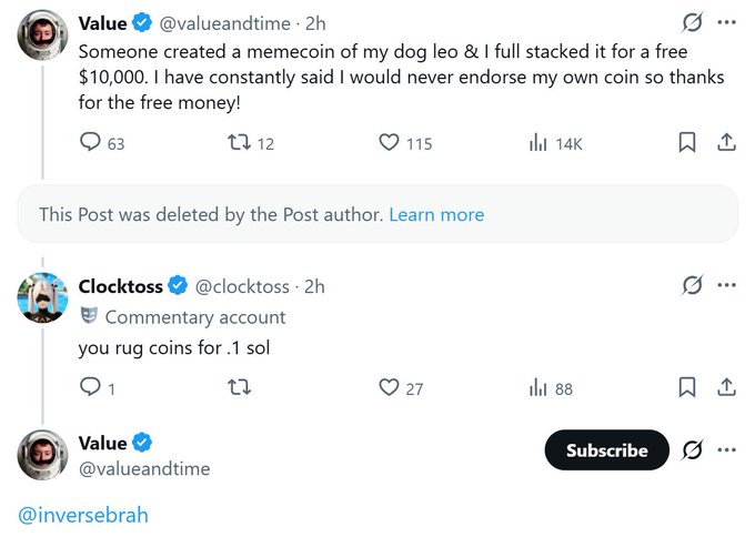 A screenshot of a Twitter/X exchange where user 'Value' (@valueandtime) discusses a memecoin of their dog Leo, followed by a reply from 'Clocktoss' (@clocktoss) accusing them of rugging coins.