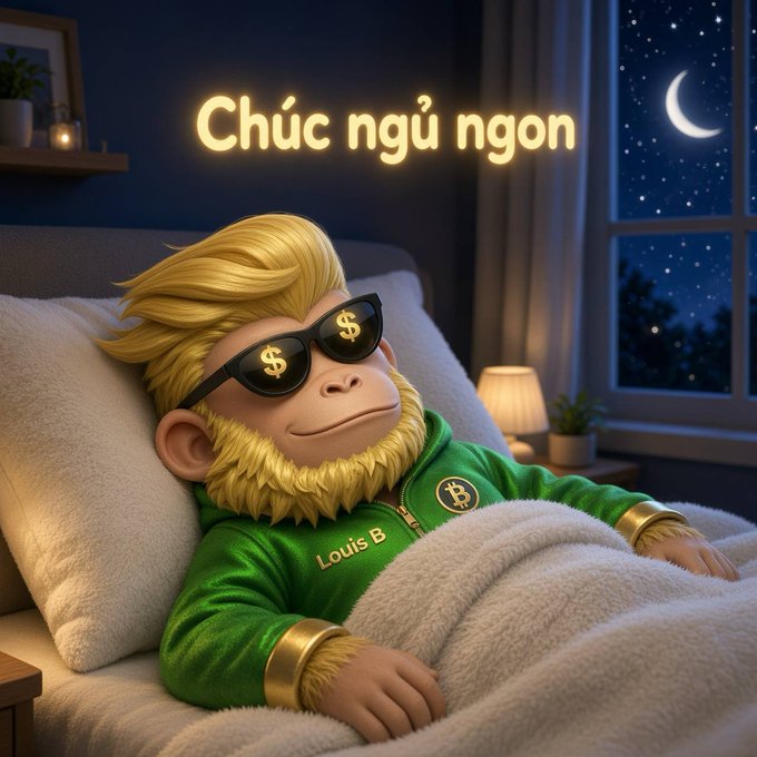 A 3D-rendered monkey character with blonde hair wearing dollar sign sunglasses and a green tracksuit, lying in bed with the Vietnamese text 'Chúc ngủ ngon' (good night) glowing above.